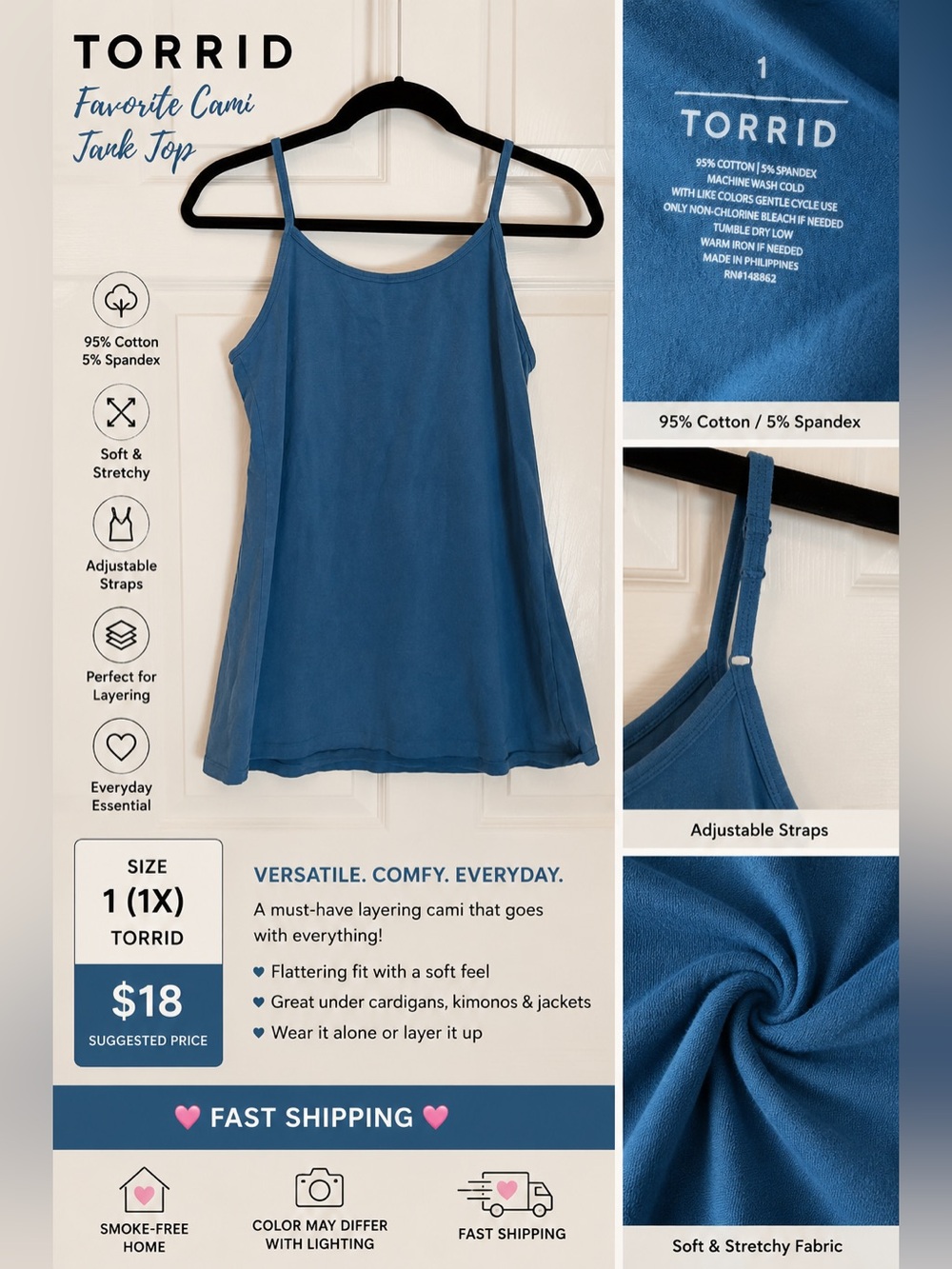 Torrid Favorite Cami Tank Top Size 1 1X Blue Stretch Cotton Adjustable Straps